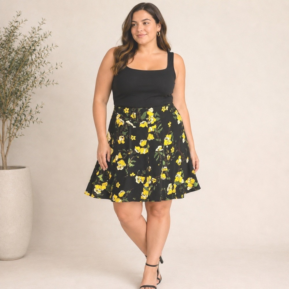 Who What Wear Black Yellow Floral Mini Skirt Sz 14 Ruffle Hem Cottagecore Spring - Picture 1 of 9